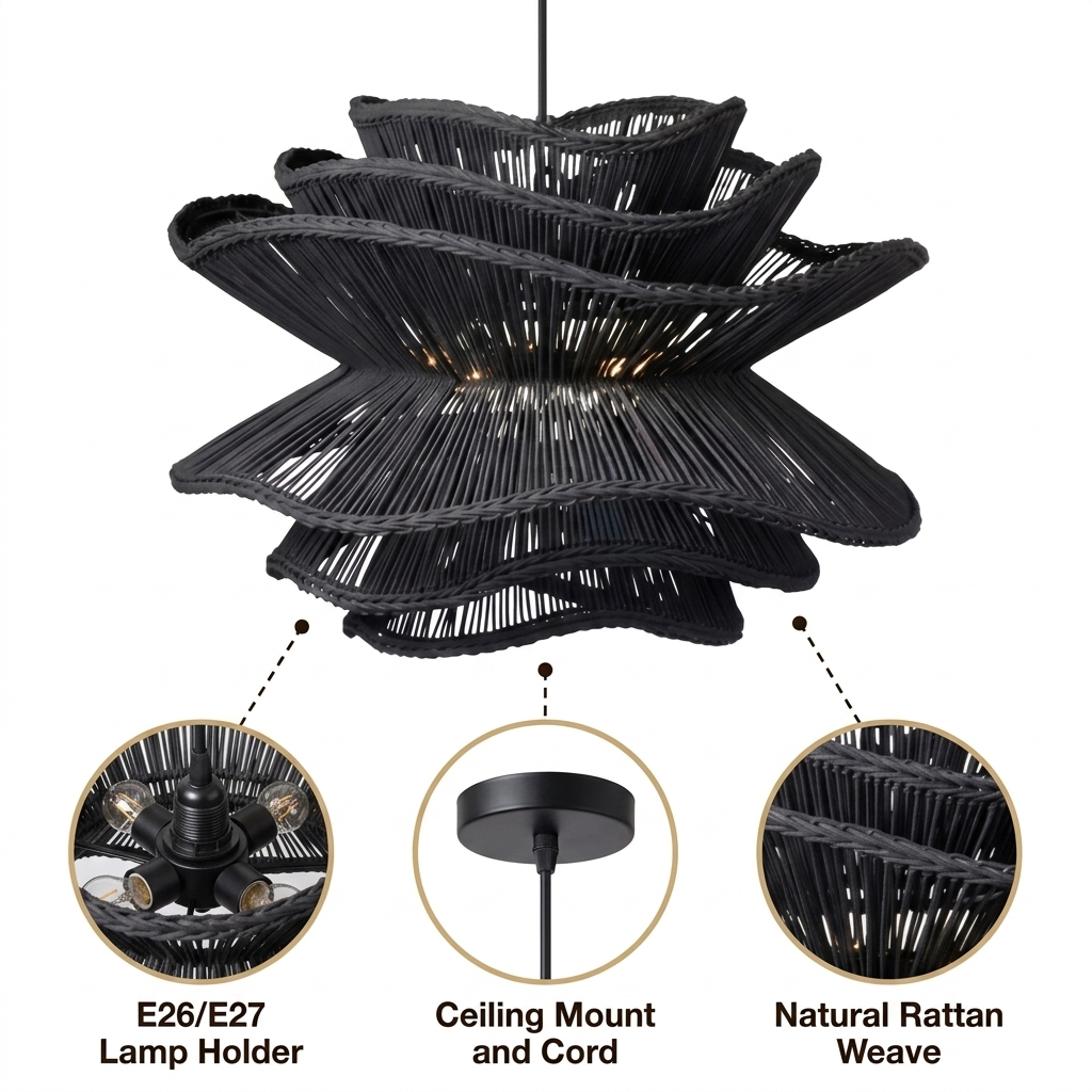 Made Goods Alondra Black Wavy Rattan Pendant Light with layered curved strips in an open wave weave, black matte finish, adjustable mount, E26 socket for warm glow