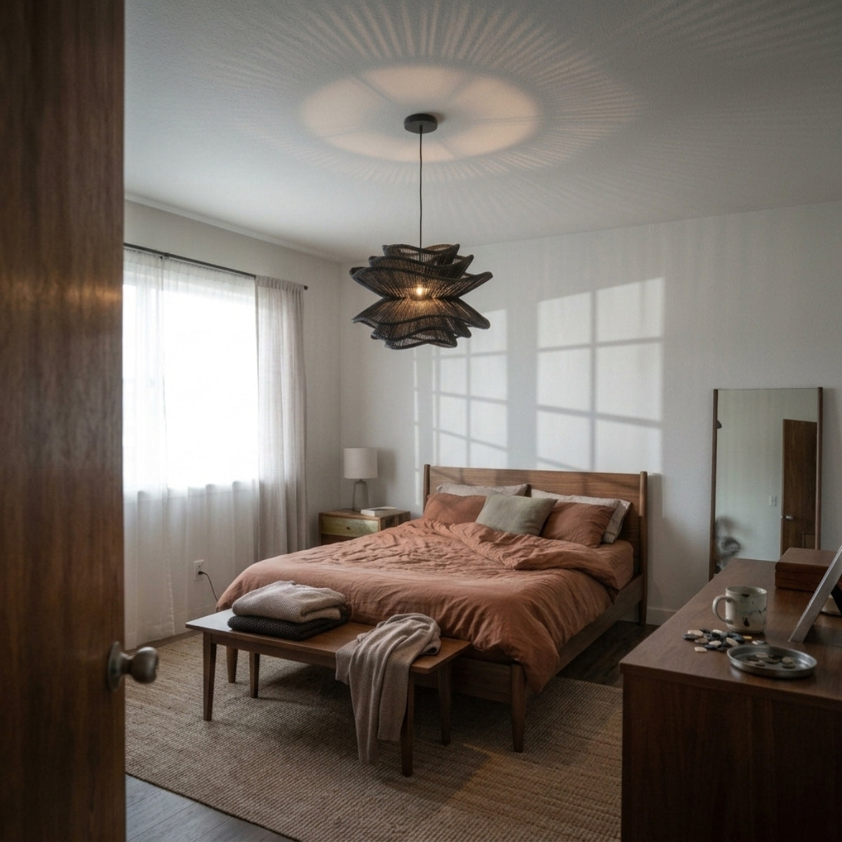 Made Goods Alondra Black Wavy Rattan Pendant Light in bedroom, compact wave shape sitting close beside the bed, keeping the bulb low and warm for reading