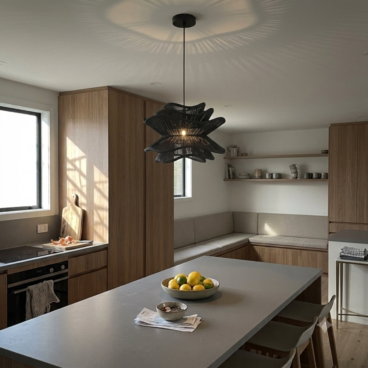 Made Goods Alondra Black Wavy Rattan Pendant Light over kitchen island, clustered wave shades spanning the counter, each centered over its own seat or work zone
