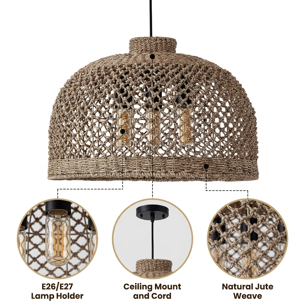 Magnolia Wabi Sabi Large Wicker Pendant with graduated diamond jute lattice weave, natural matte finish, adjustable ceiling mount, one E26 socket for warm ambient glow
