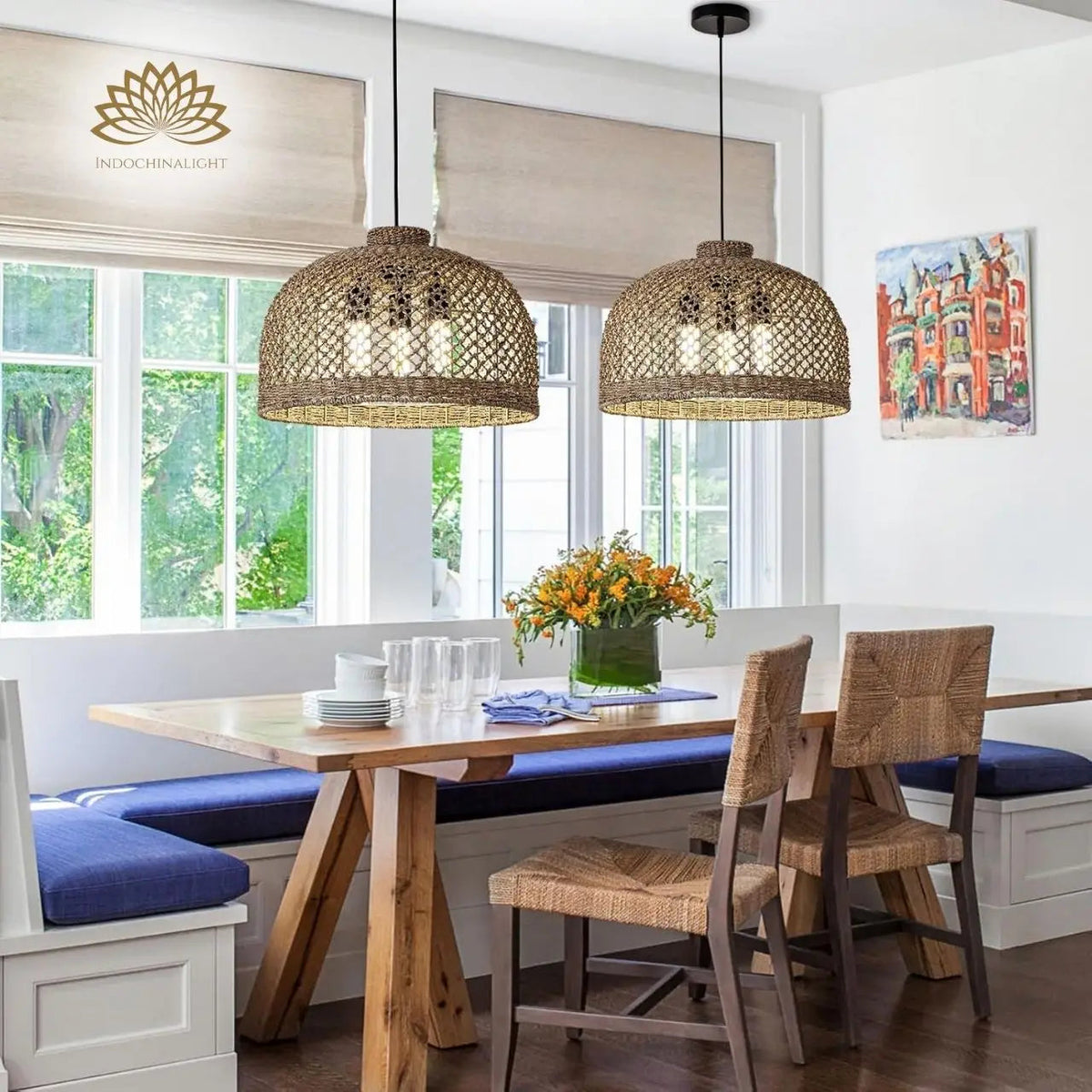Magnolia Wabi Sabi Large Wicker Pendant above dining table, diamond weave scattering warm light without glare, hung 30-36 inches over the tabletop