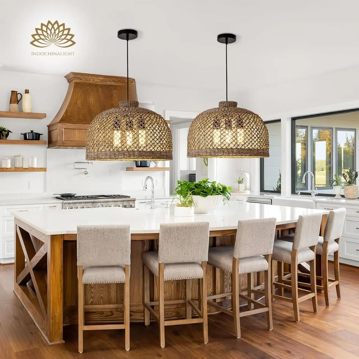 Magnolia Wabi Sabi Large Wicker Pendant over kitchen island, clustered jute domes spaced 24-30 inches apart casting even light across the counter