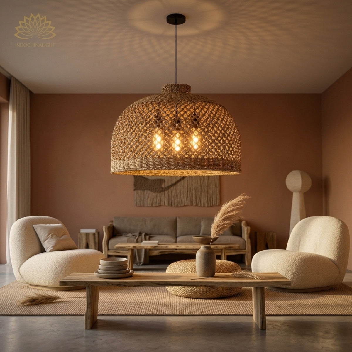 Magnolia Wabi Sabi Large Wicker Pendant in living room, oversized dome anchoring an 8-9 ft ceiling with open-base weave casting shifting shadows overhead
