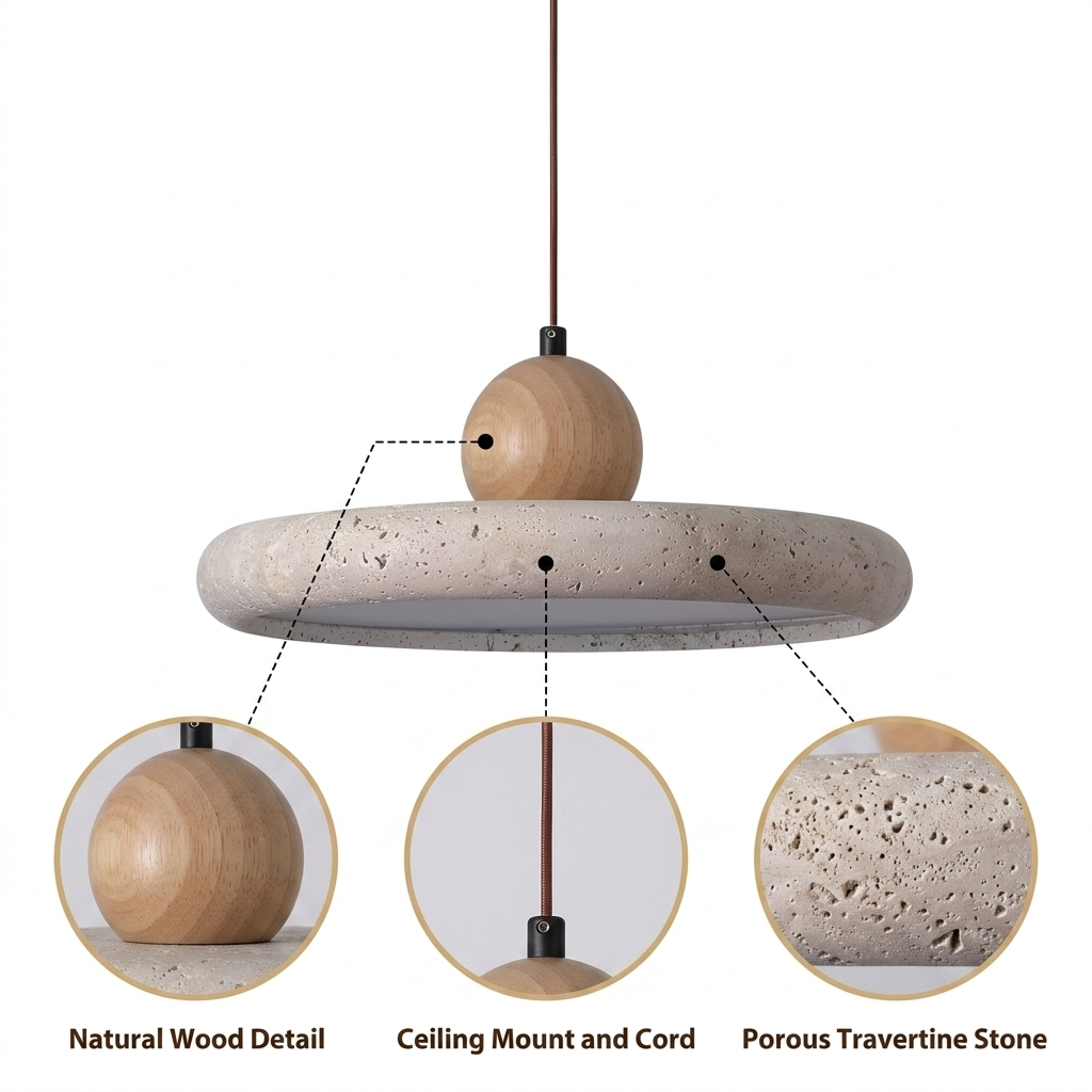 Mannelli Wabi Sabi Travertine and Wood Pendant with hand-carved porous stone disc, solid wood cap, natural matte finish, adjustable mount, warm ambient E26 glow