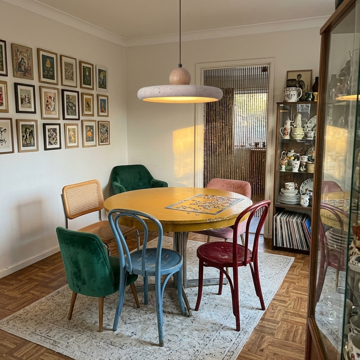 Mannelli Wabi Sabi Travertine and Wood Pendant above dining table, wide stone face hung 30-36 inches up without throwing glare across the surface