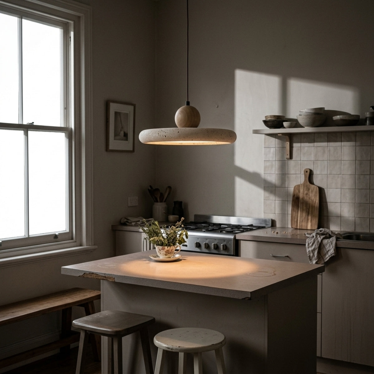 Mannelli Wabi Sabi Travertine and Wood Pendant over kitchen island, clustered stone discs spaced 24-30 inches apart lighting the counter evenly
