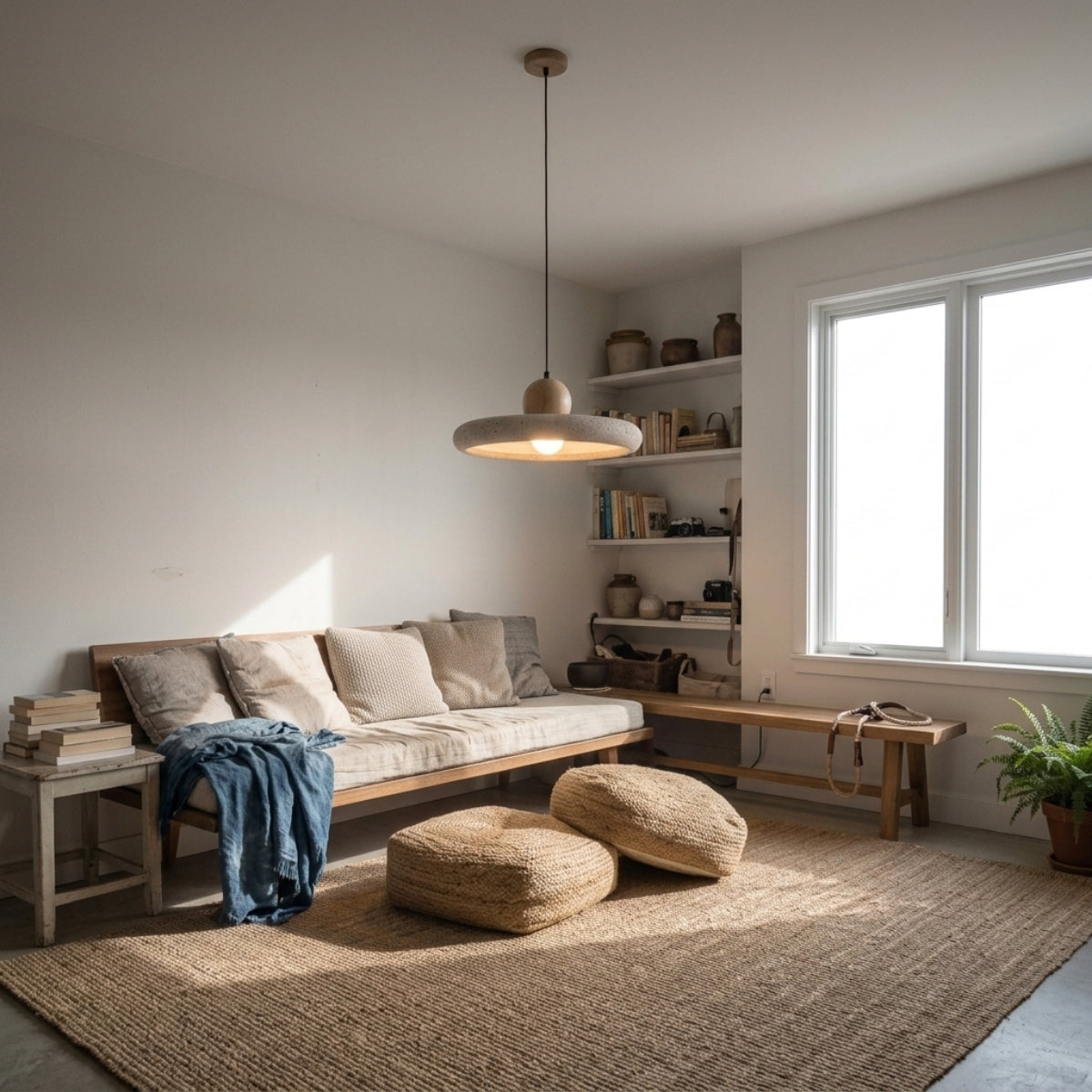 Mannelli Wabi Sabi Travertine and Wood Pendant in living room, stone disc centered over the coffee table reading as sculpture above the sofa line