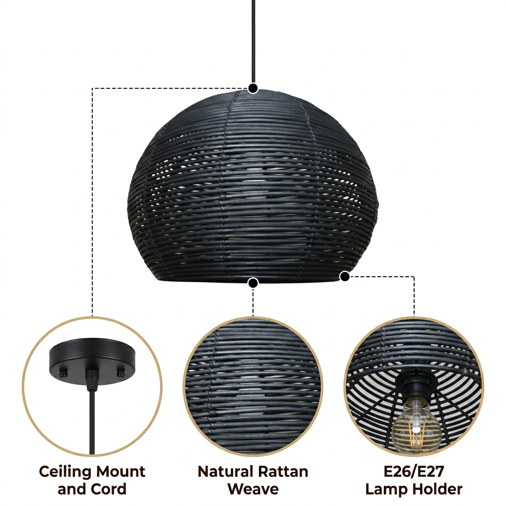 Manor Brook Verona Rattan Pendant with open plaited weave, black matte or natural matte finish, adjustable ceiling mount, one E26 socket casting warm ambient glow