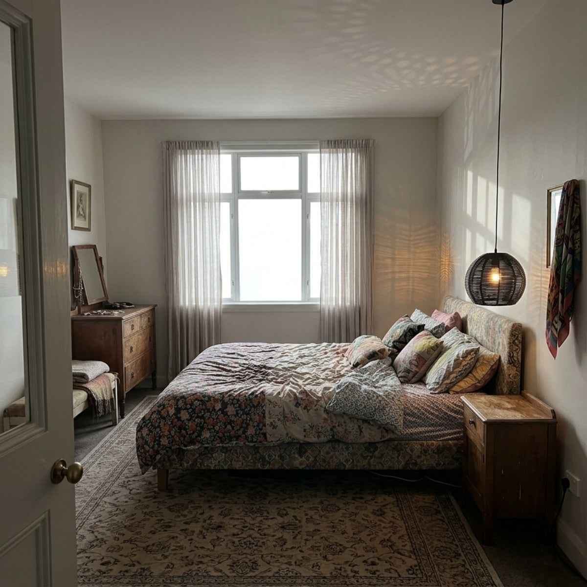 Manor Brook Verona Rattan Pendant in bedroom, compact shade beside the bed replacing a table lamp without crowding the nightstand surface