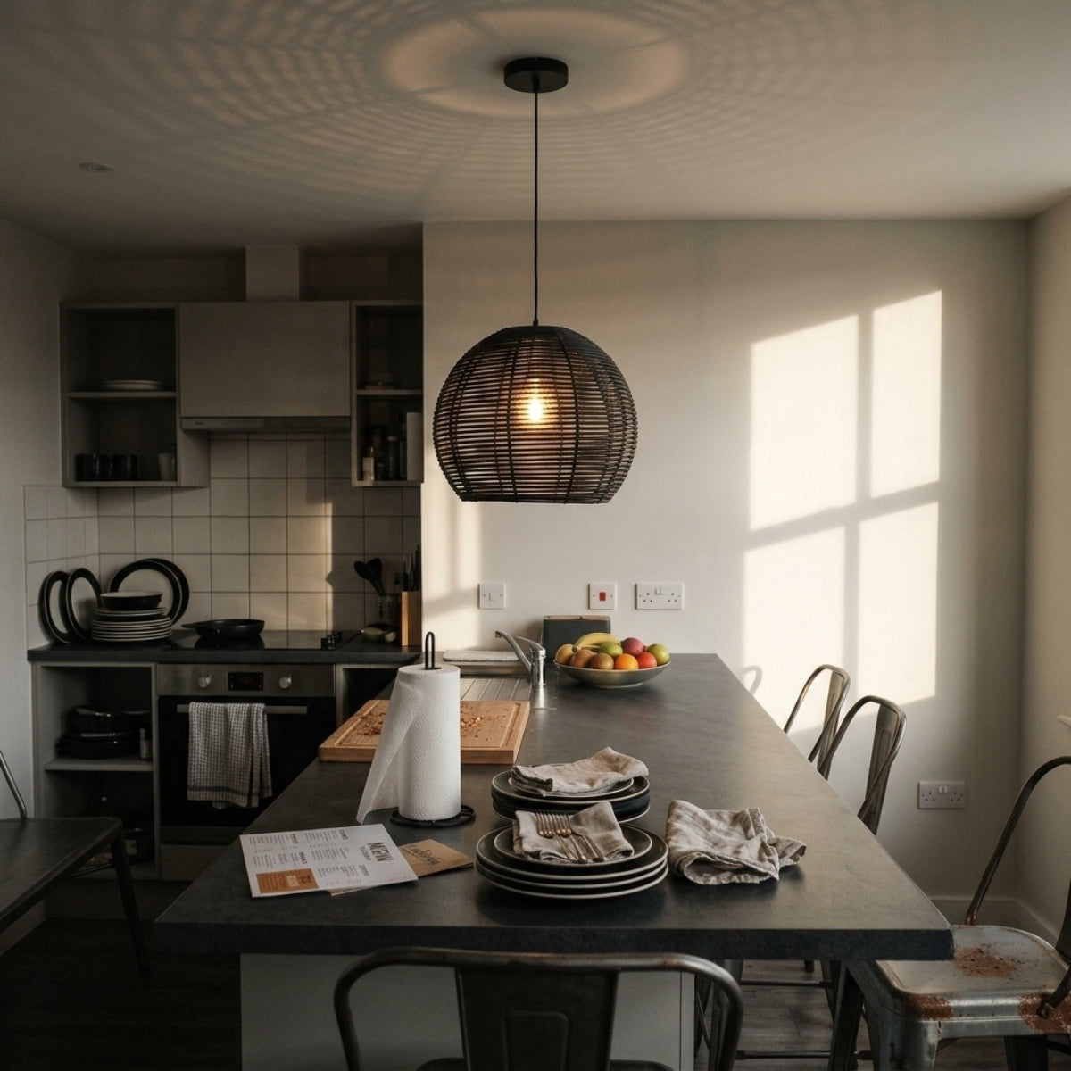 Manor Brook Verona Rattan Pendant over kitchen island, clustered pendants spaced 24-30 inches apart so woven light pools overlap evenly