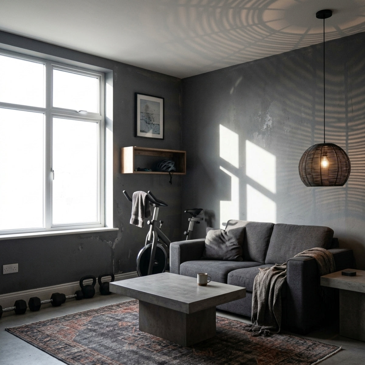 Manor Brook Verona Rattan Pendant in living room, wide woven shade centered over the sofa grouping reading as a focal point without blocking sightlines