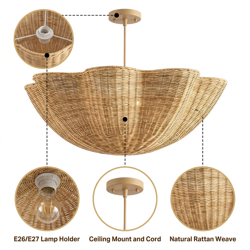 Marion Scallop Woven Wicker Rattan Pendant with tight basket-weave scalloped edge, natural matte finish, adjustable ceiling mount, one E26 socket for warm ambient light