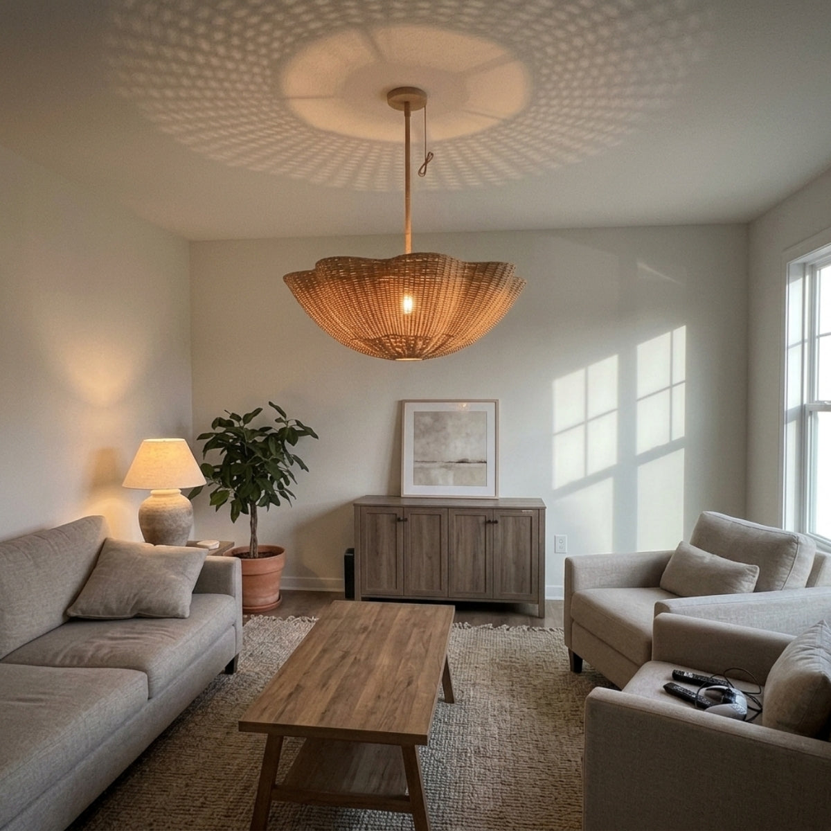 Marion Scallop Woven Wicker Rattan Pendant in living room, wide scalloped dome centered over the seating area reading as soft ambient light