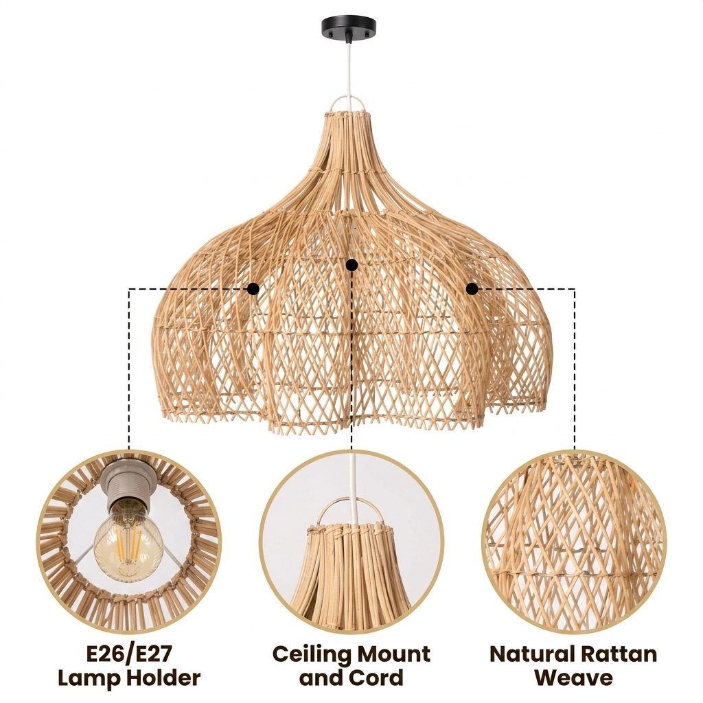 Matador Wabi Sabi Extra Large Rattan Pendant with open whipped flower-like weave, beige matte finish, adjustable ceiling mount, one E26 socket for warm ambient glow