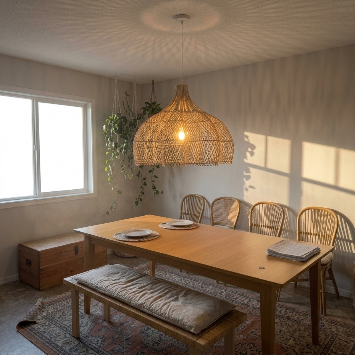 Matador Wabi Sabi Rattan Pendant above dining table, open weave dome covering the tabletop evenly without glaring into diners eyes