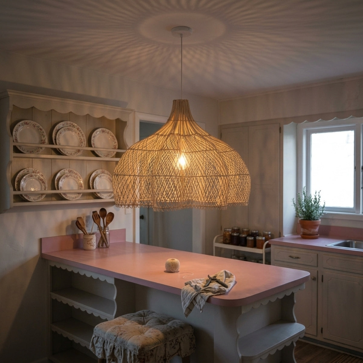 Matador Wabi Sabi Rattan Pendant over kitchen island, clustered domes spaced 24-30 inches apart keeping sightlines open across the counter