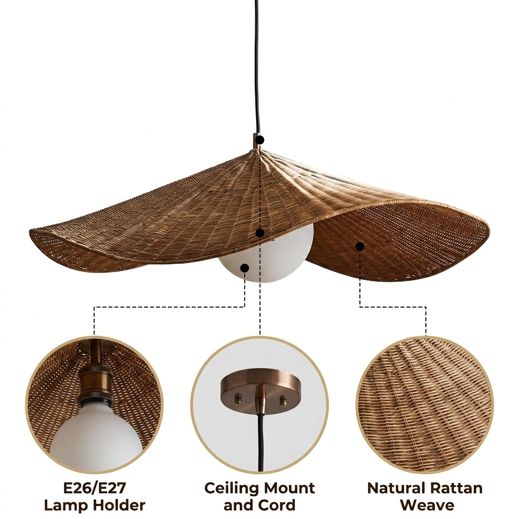 Matara Woven Wicker Rattan Pendant with radial spoke open wicker lattice, brown matte finish, adjustable ceiling mount, one E26 socket for warm ambient glow
