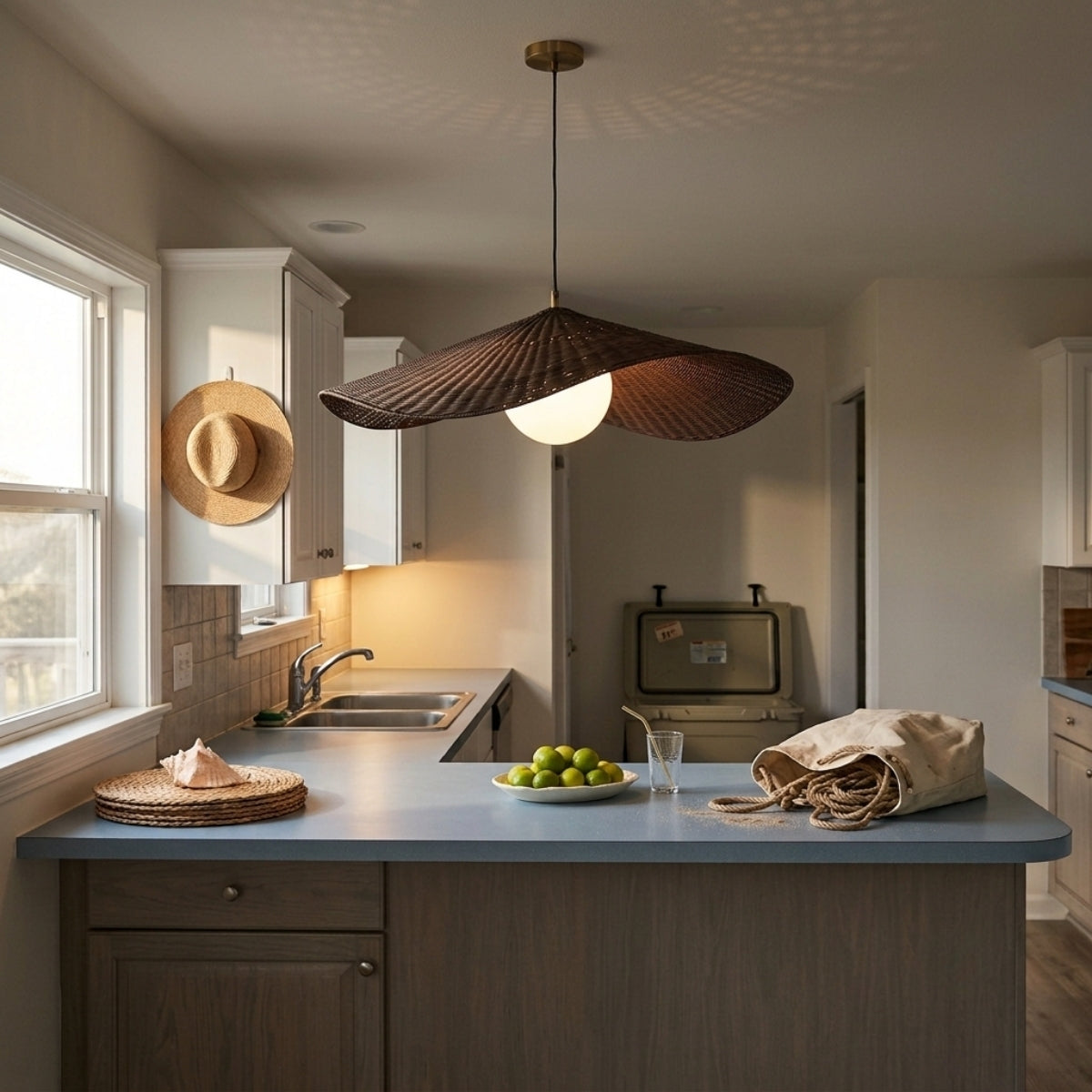 Matara Woven Wicker Rattan Pendant over kitchen island, clustered domes spaced 24-30 inches apart keeping even coverage over the work surface