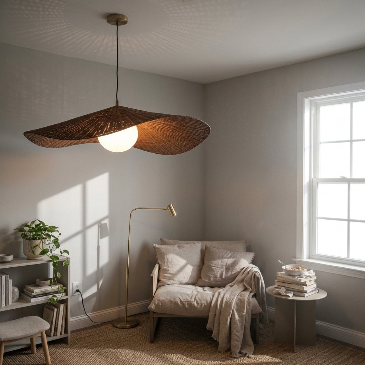 Matara Woven Wicker Rattan Pendant in living room, largest dome forming a sculptural centerpiece that throws spoke shadows across the wall behind it