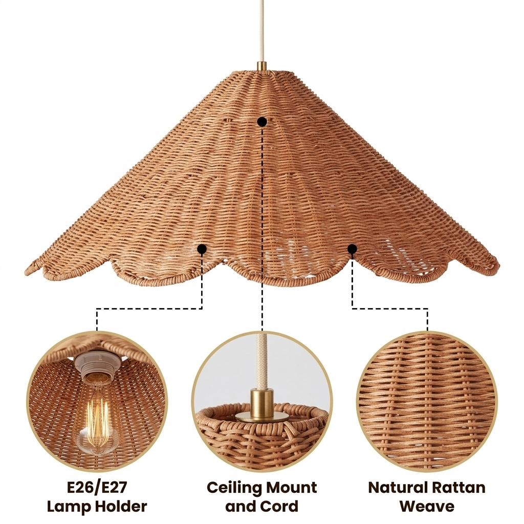 Maude Rattan Scallop Pendant with dense wicker weave in five scalloped sections, natural matte finish, adjustable ceiling mount, one E26 socket for warm ambient glow