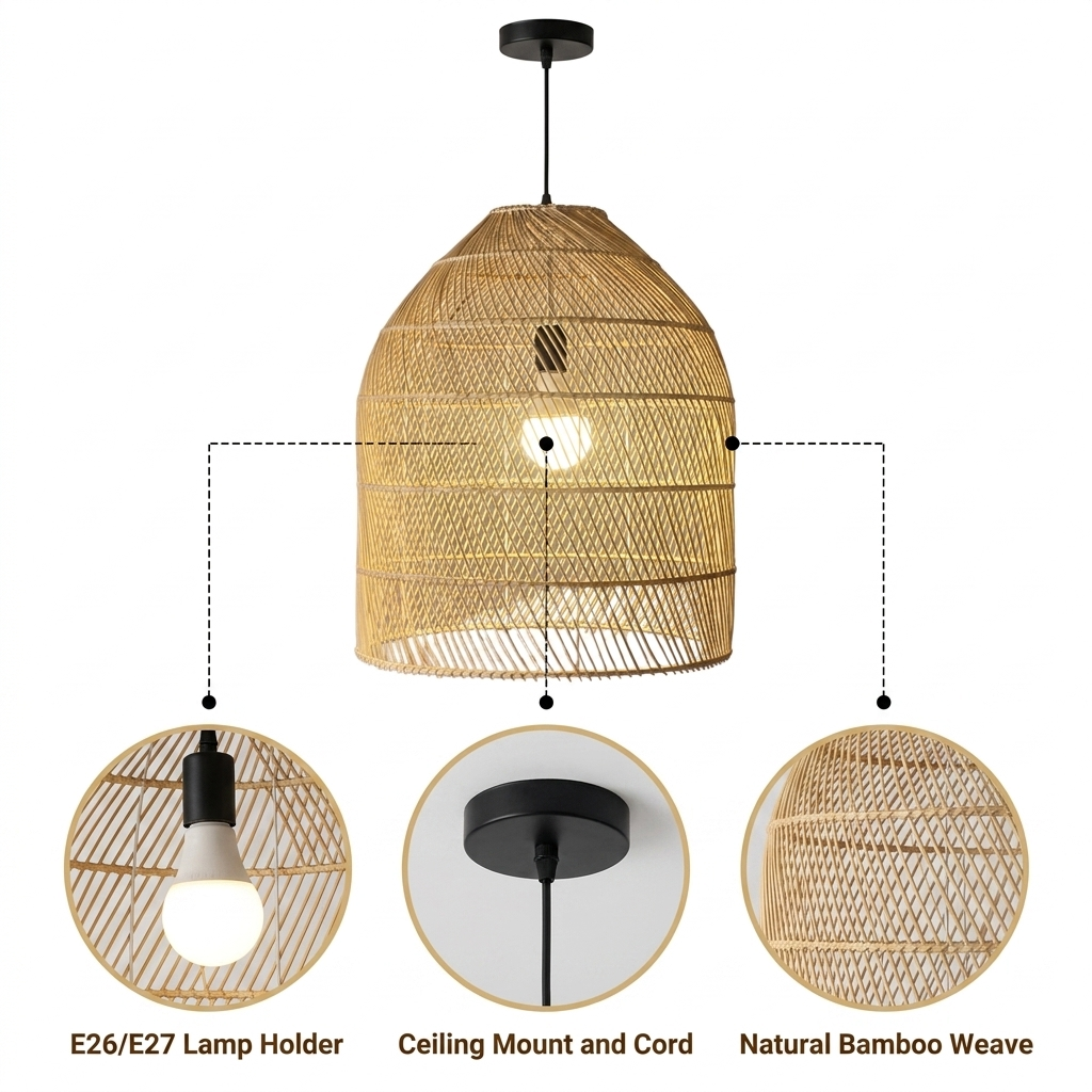 Maya Bamboo Rattan Pendant with diamond lattice weave, natural matte finish, bamboo frame, adjustable ceiling mount, one E26 socket for warm ambient glow