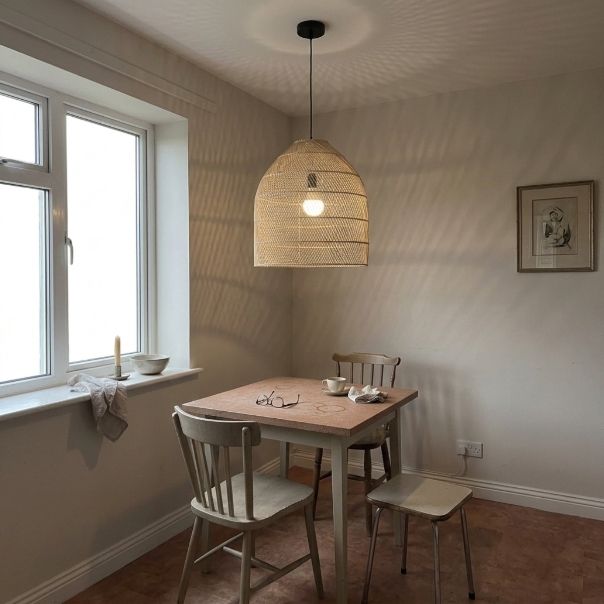 Maya Bamboo Rattan Pendant above dining table, tight lattice dome covering a six-seat table in soft diffused light cutting glare over settings