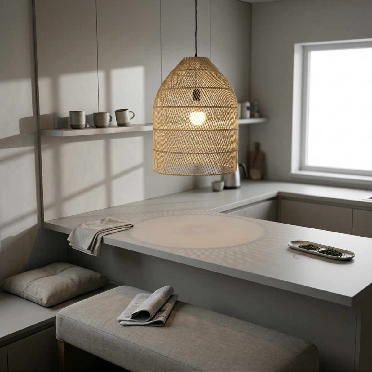 Maya Bamboo Rattan Pendant over kitchen island, clustered domes spaced 24-30 inches apart for even coverage across the counter