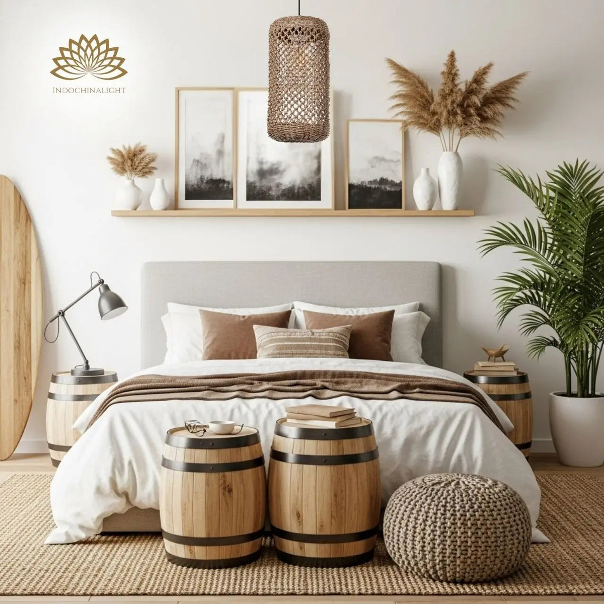 Meredith Basket Wicker Woven Pendant in bedroom, open weave cylinder beside the bed throwing soft shadow patterns across the ceiling for calm light