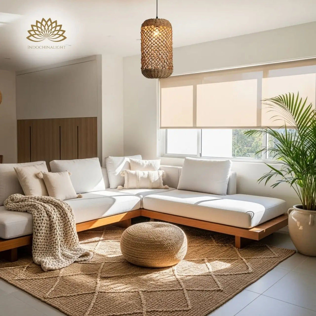 Meredith Basket Wicker Woven Pendant in living room, tall narrow shade near the sofa casting diamond weave texture on the wall behind seating