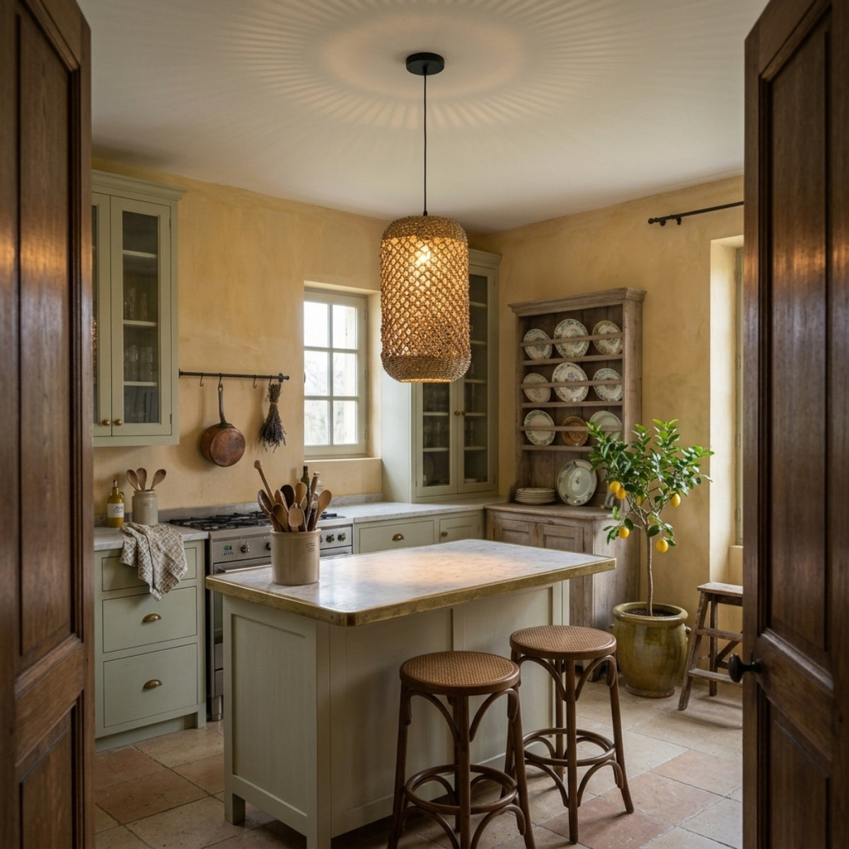 Meredith Basket Wicker Woven Pendant over kitchen island, clustered narrow shades spaced 24-30 inches apart spreading light evenly across the counter