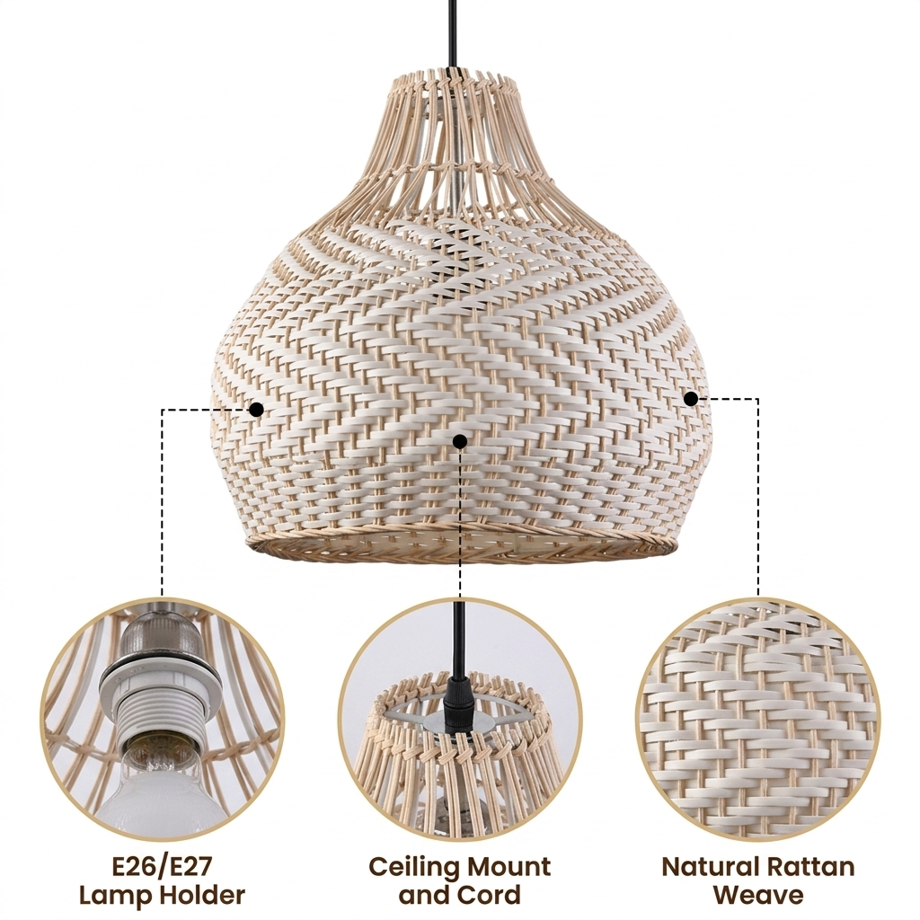 Merock White Rattan Dome Pendant with herringbone twill weave, white matte finish, adjustable ceiling mount, one E26 socket for warm ambient glow
