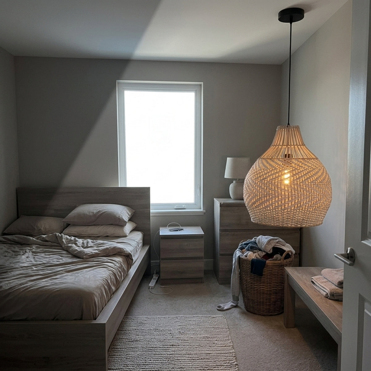 Merock White Rattan Dome Pendant in bedroom, small dome standing in for a table lamp with herringbone pattern casting shadow on the wall