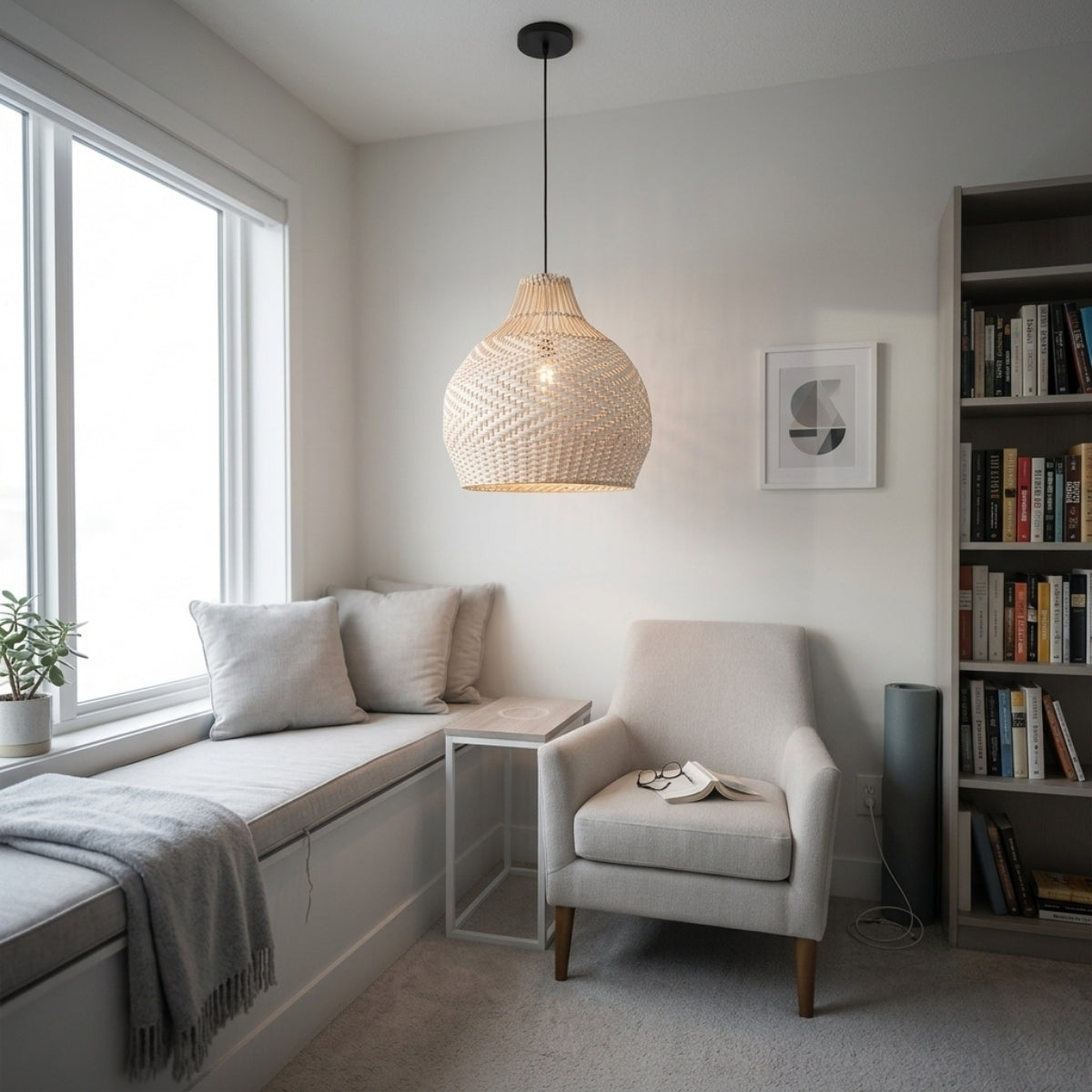 Merock White Rattan Dome Pendant in living room, large dome becoming the centerpiece over the coffee table without crowding the sofa sightline