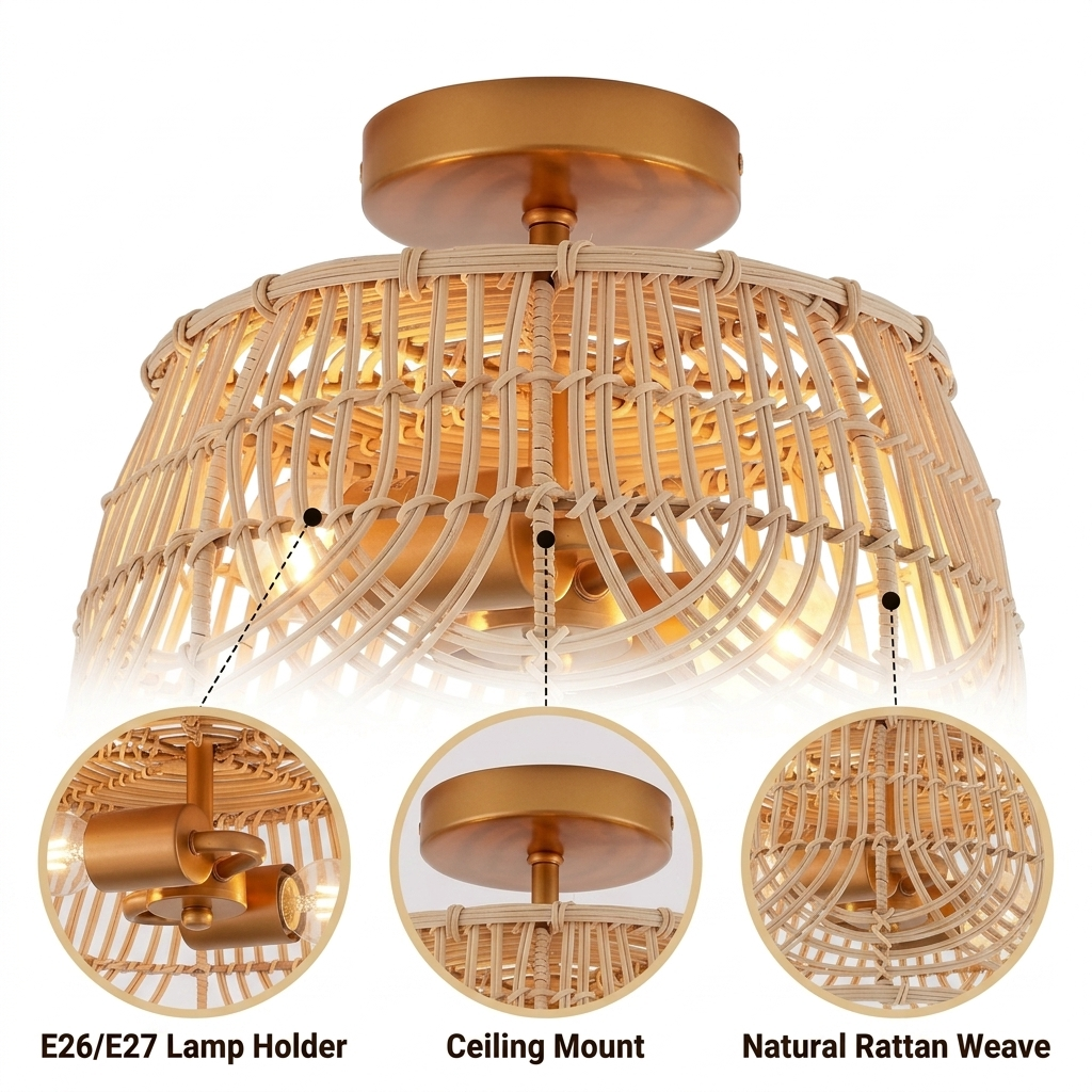 MhyTogn Small Rattan Ceiling Light with overlapping lattice-work basket weave, natural matte finish, flush ceiling mount, one E26 socket for warm ambient glow