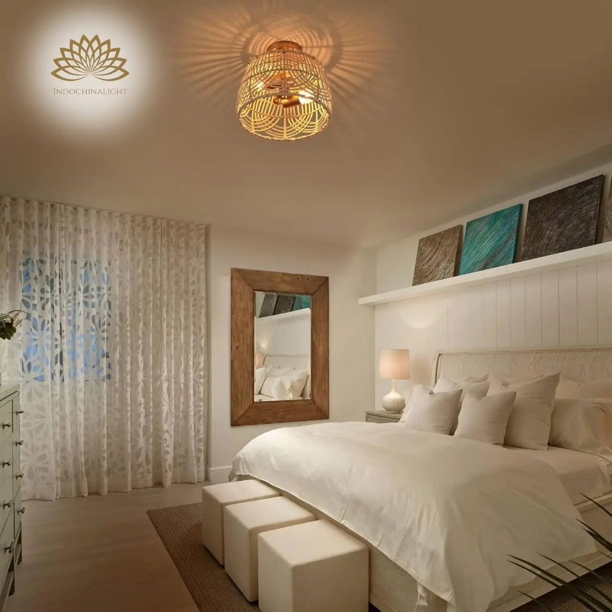 MhyTogn Small Rattan Ceiling Light in bedroom, mid-size dome beside the bed with woven pattern falling across the wall instead of the pillow