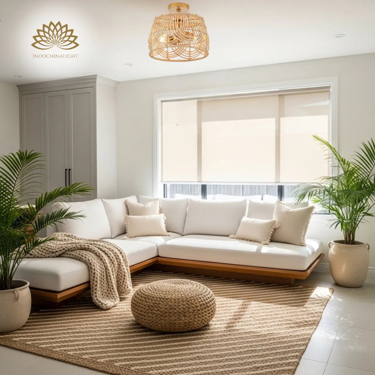 MhyTogn Small Rattan Ceiling Light in living room, dome reading as a ceiling centerpiece with lattice throwing pattern past the coffee table