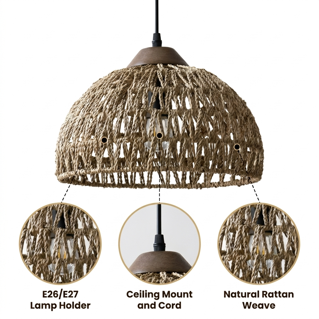 Milford Rattan Pendant with diamond basket weave dome, natural matte finish, adjustable ceiling mount, one E26 socket for warm ambient glow