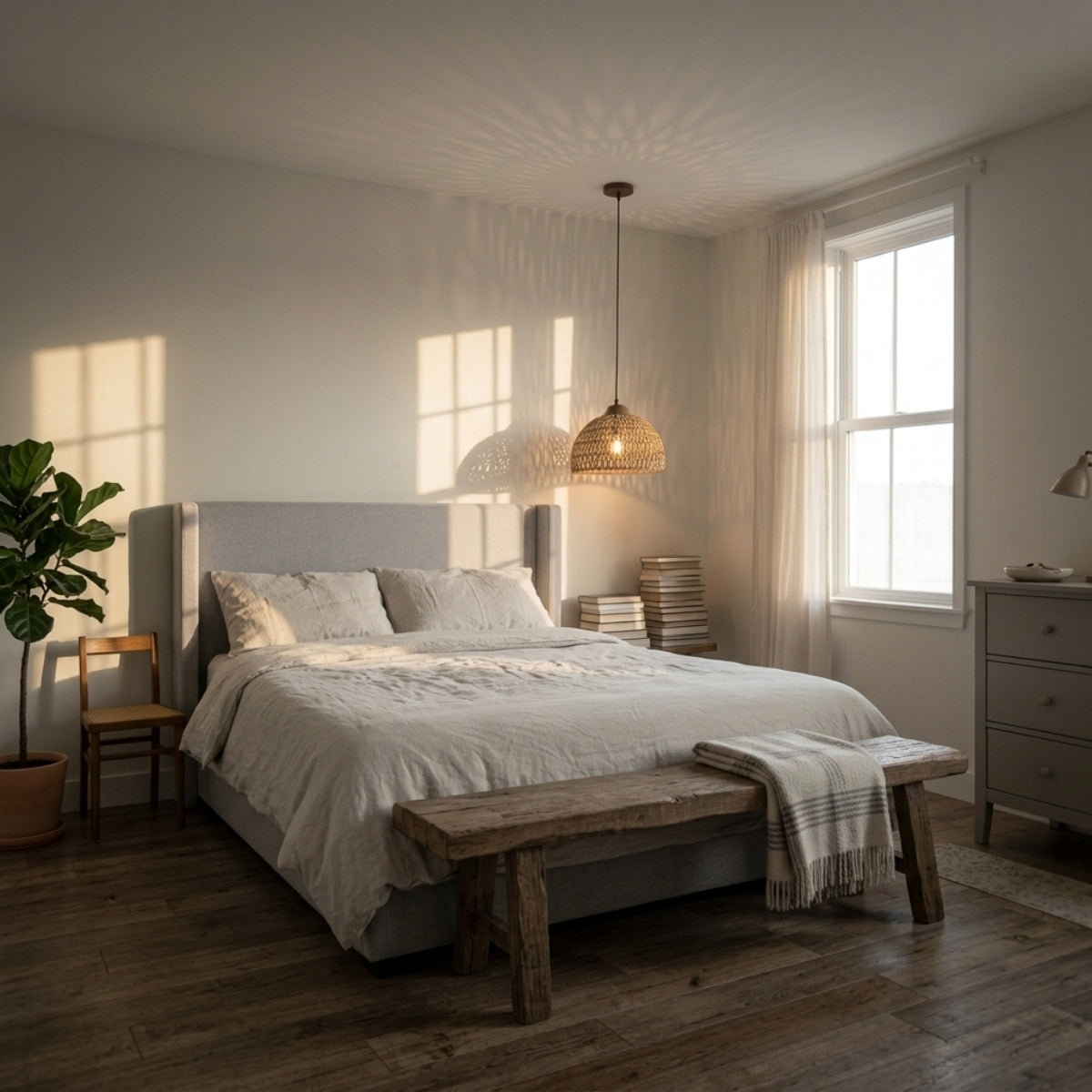 Milford Rattan Pendant in bedroom, small dome working as a bedside pendant with diamond weave glowing softly at eye level above the nightstand