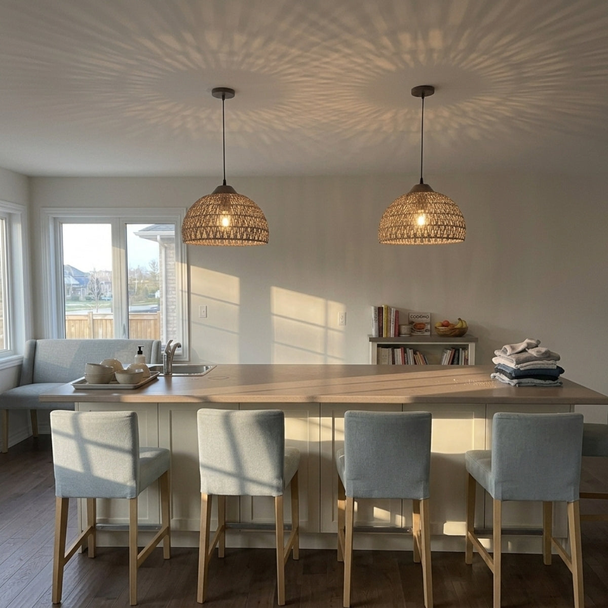 Milford Rattan Pendant over kitchen island, clustered domes spaced 24-30 inches apart for even task light across the counter