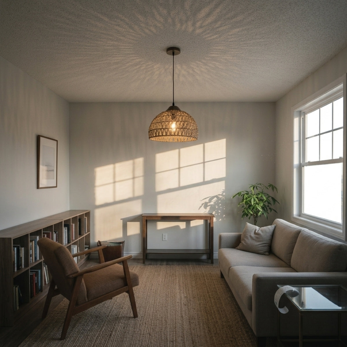 Milford Rattan Pendant in living room, dome anchoring the coffee table as ambient light with the drop clear of the sofa back