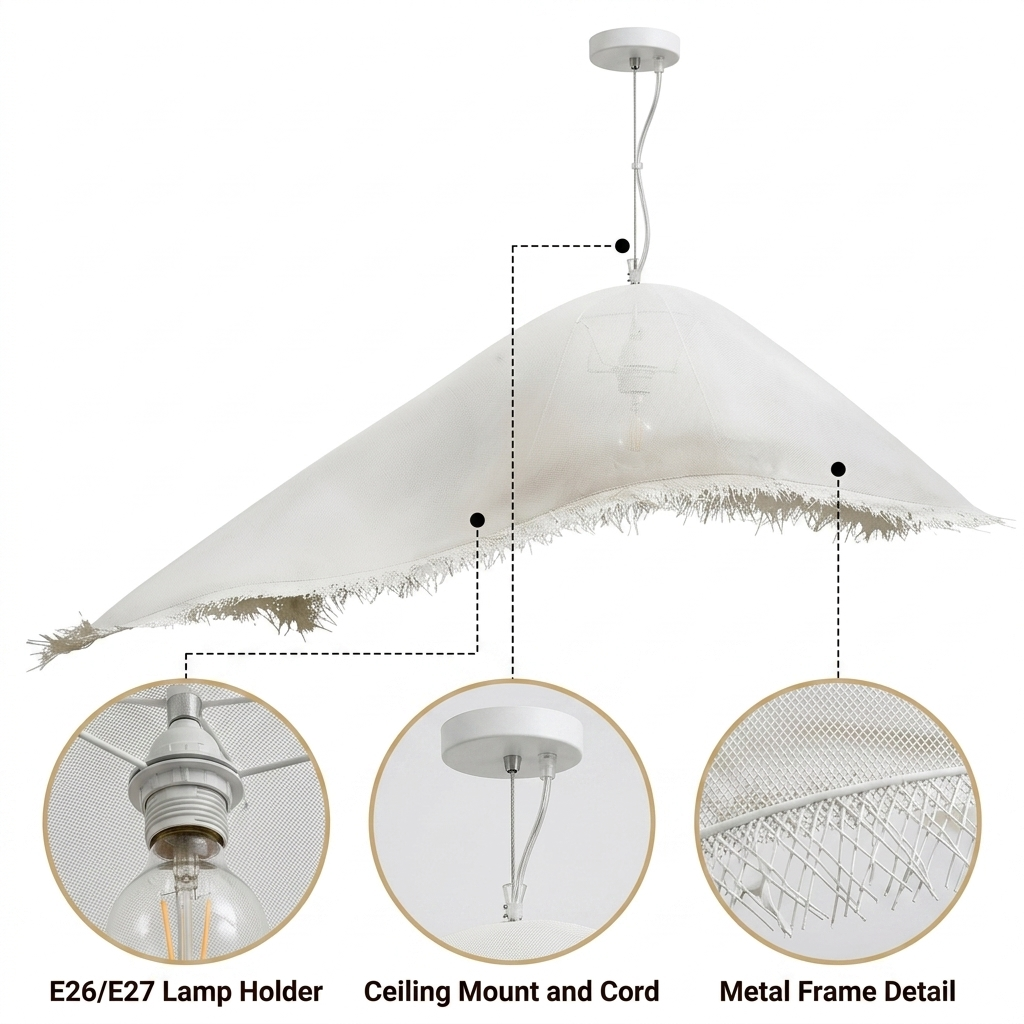 Moby Dick Wabi Sabi Pendant with sculpted fringe-edge asymmetrical FRP texture, white matte finish, adjustable ceiling mount, one E26 socket for warm ambient glow