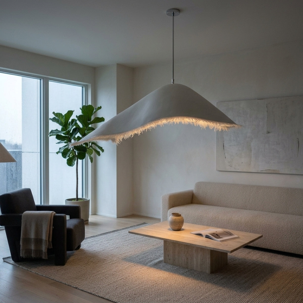 Moby Dick Wabi Sabi Pendant in living room, largest shade a sculptural centerpiece over the coffee table with fringed hem softening light to an ambient glow