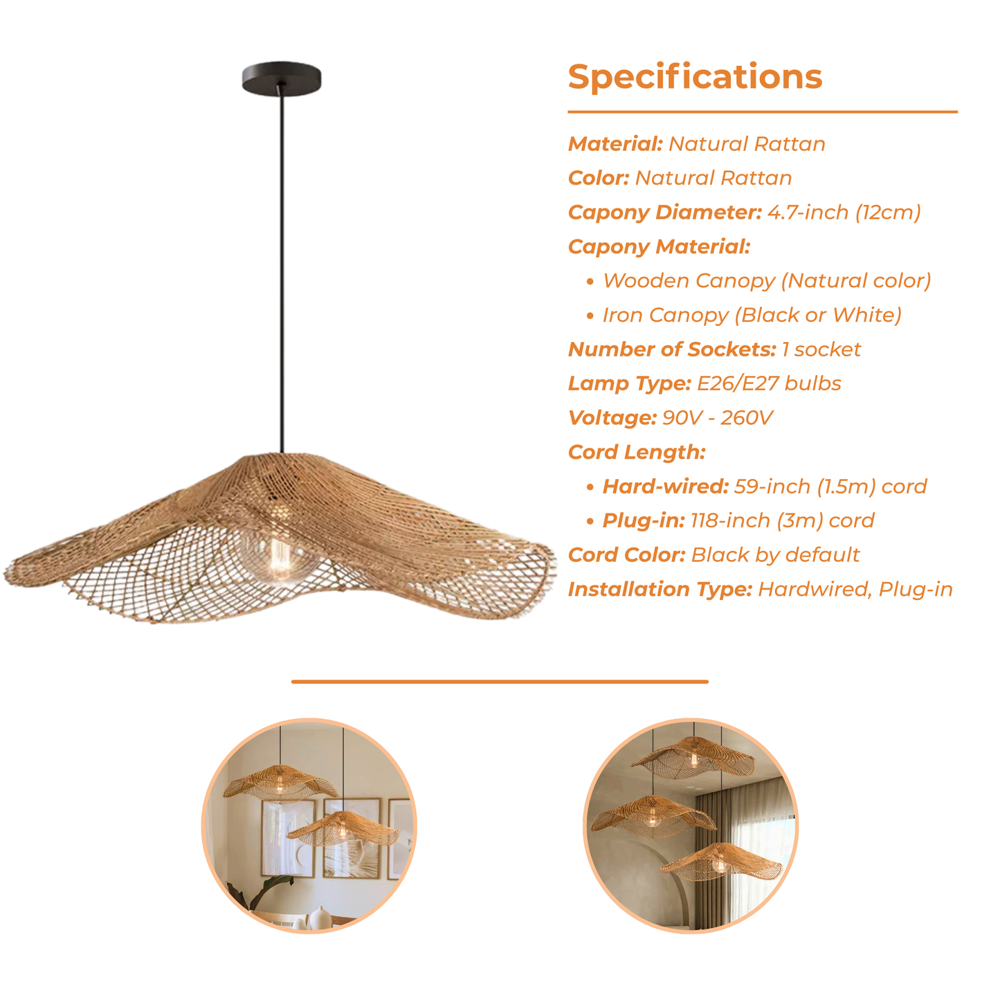 Modern Rattan Chapeau Ceiling Light Fixtures