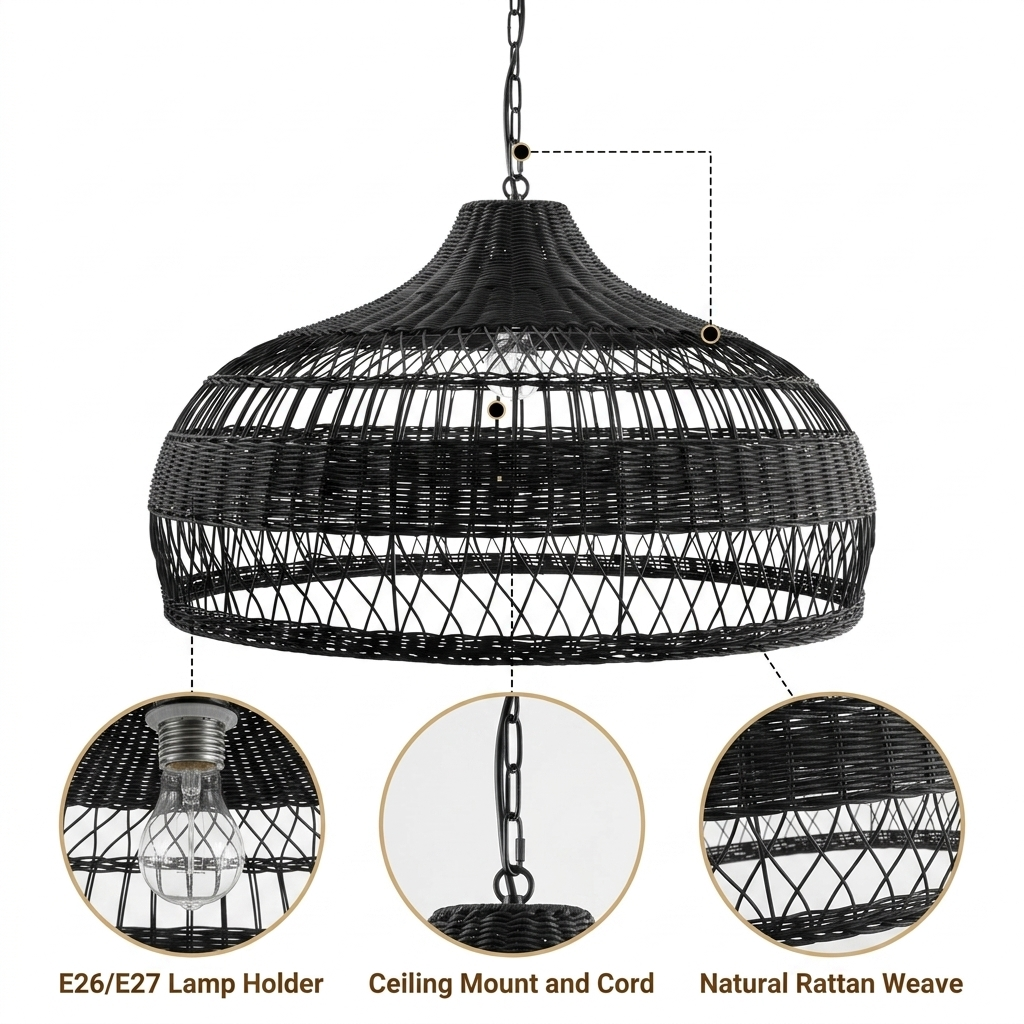 Moijabana Black Woven Wicker Rattan Dome Pendant with open wicker basket weave, black matte or natural matte finish, adjustable mount, warm ambient E26 glow