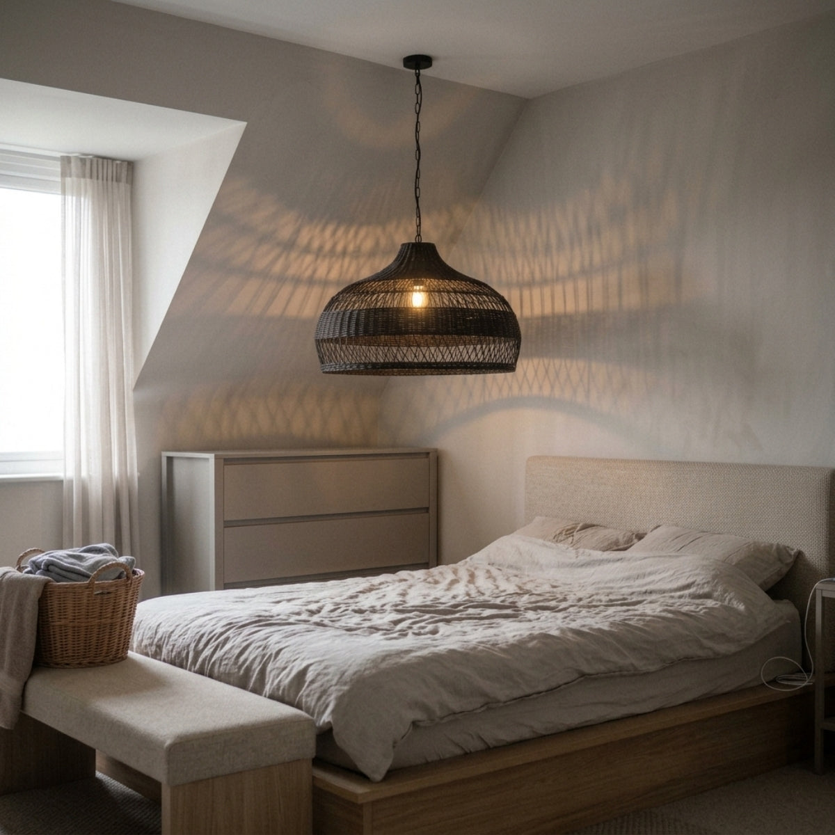 Moijabana Black Woven Wicker Rattan Dome Pendant in bedroom, narrow dome replacing a table lamp beside the bed keeping the nightstand surface clear