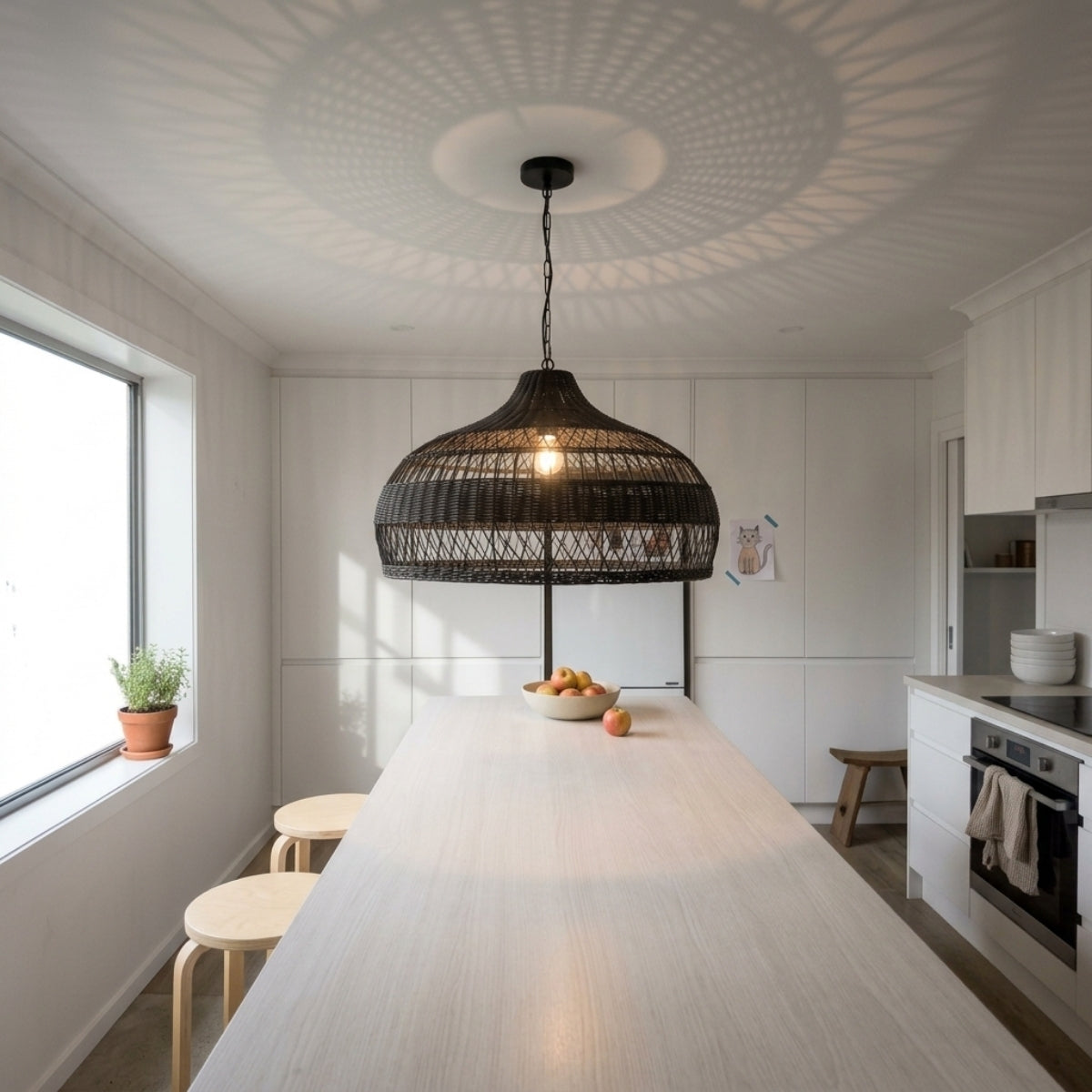 Moijabana Black Woven Wicker Rattan Dome Pendant over kitchen island, clustered domes spaced 24-30 inches apart spreading light evenly across the counter