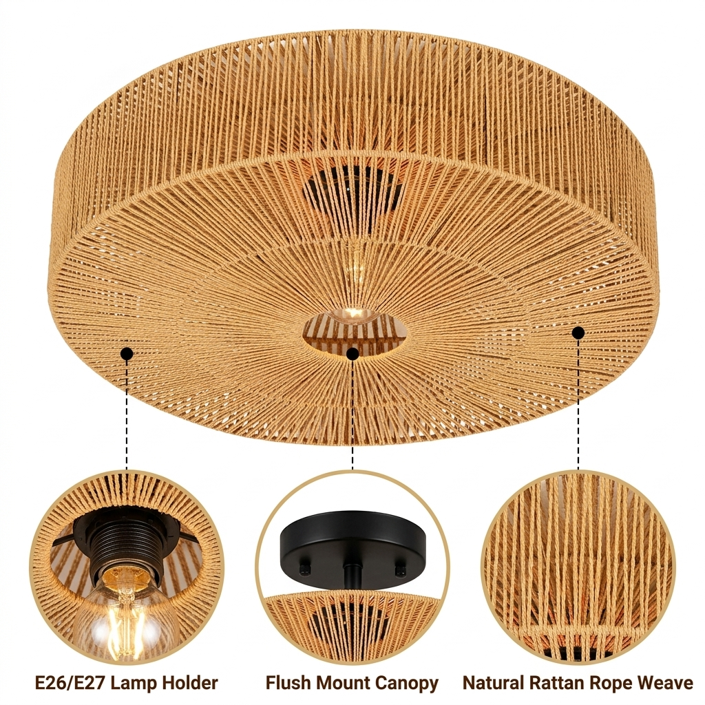 Monike Classic Rattan Drum Flush Mount with radial sunburst rattan weave, natural matte finish, flush ceiling mount, one E26 socket for warm ambient glow