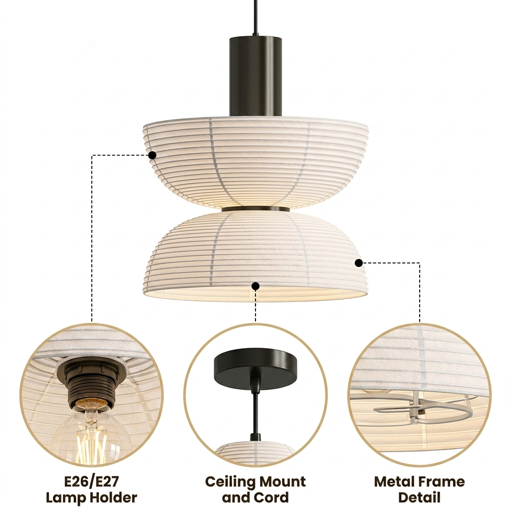 Nando Wabi Sabi Paper Pendant with double-layered rice paper panels, white matte finish, adjustable cord mount, one E26 socket diffusing soft vertical glow