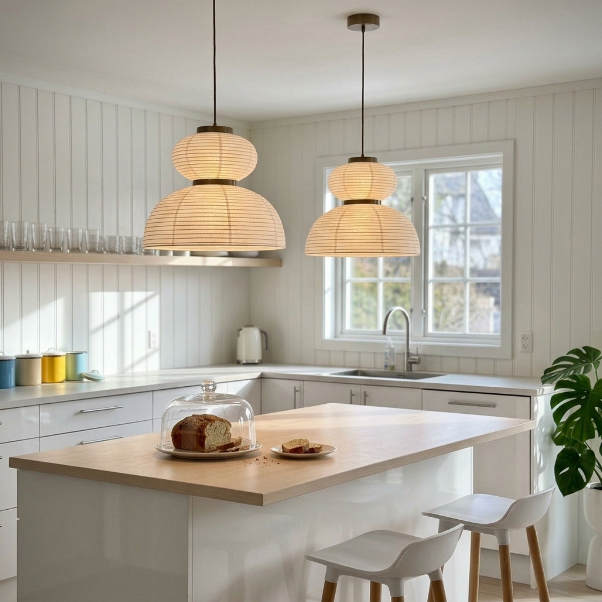 Nando Wabi Sabi Paper Pendant over kitchen island, clustered 15.7-inch Style C shades throwing bright even glow across countertop clutter below