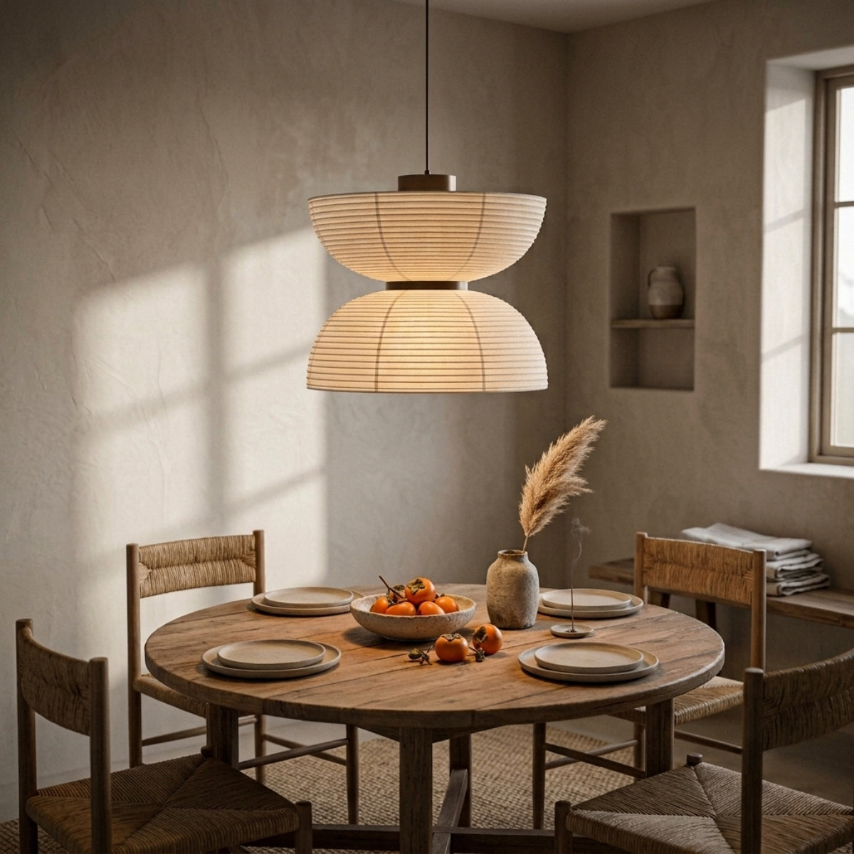 Nando Wabi Sabi Paper Pendant above dining table, 19.7-inch Style A shade centering the table with soft diffused light and no harsh hotspots